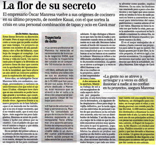 Reportatge publicat al diari El Mundo sobre el nou projecte d'scar Manresa a Gav Mar, el Kauai (4 de Maig de 2009)